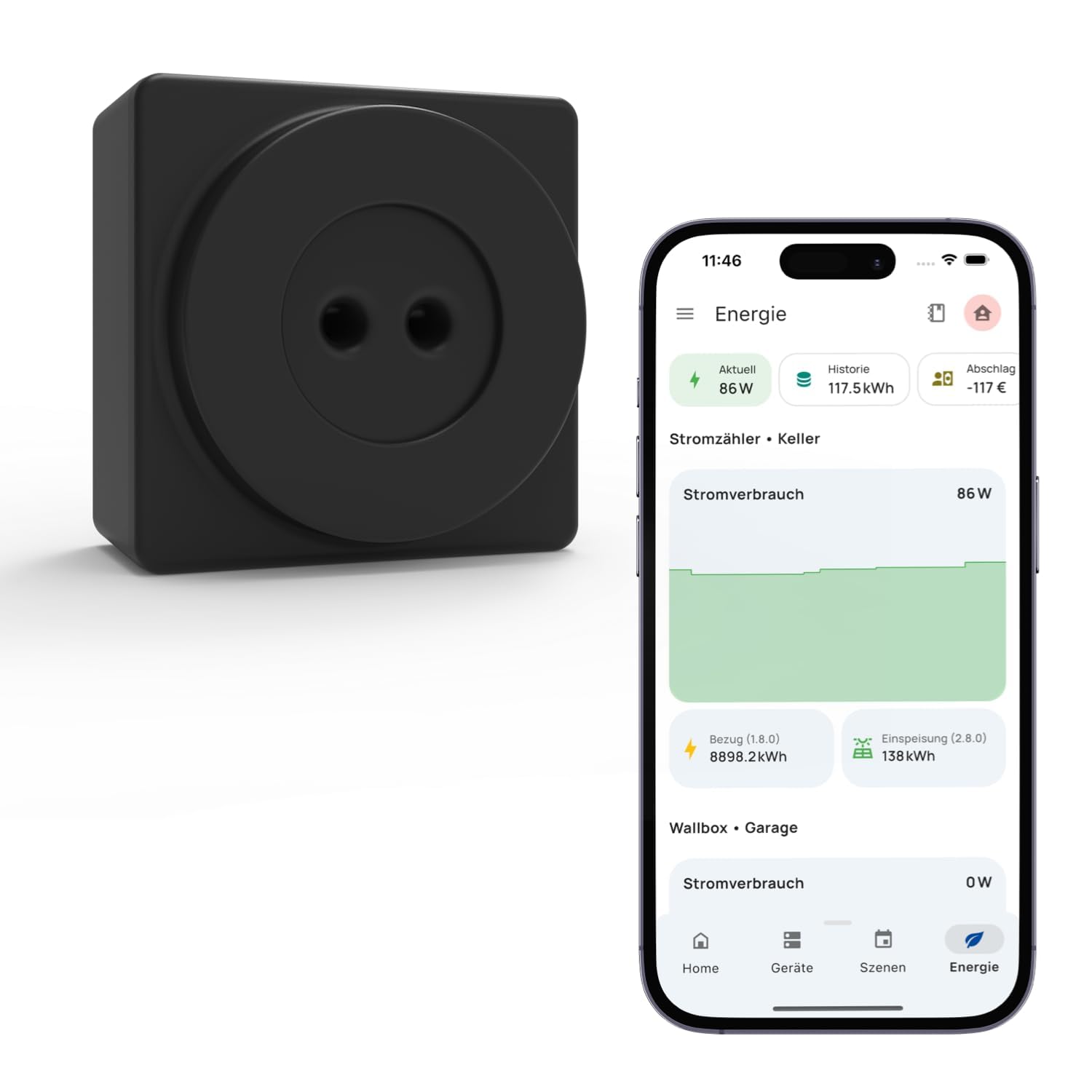 everHome EcoTracker IR Smartmeter Lesekopf für EHZ. Schwarzes, kompaktes Gehäuse. Liest optisch Daten von EHZ-Smartmetern aus.