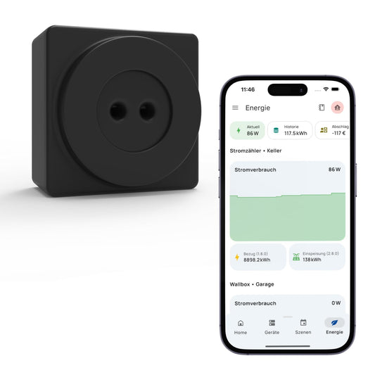 everHome EcoTracker IR Smartmeter Lesekopf für EHZ. Schwarzes, kompaktes Gehäuse. Liest optisch Daten von EHZ-Smartmetern aus.