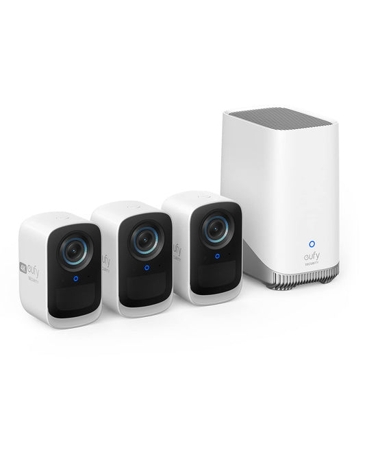 eufy Security eufyCam S300 3C Überwachungskamera Set 3+1 – Weiss. Weißes Kamera-Set zur Gebäudeüberwachung.