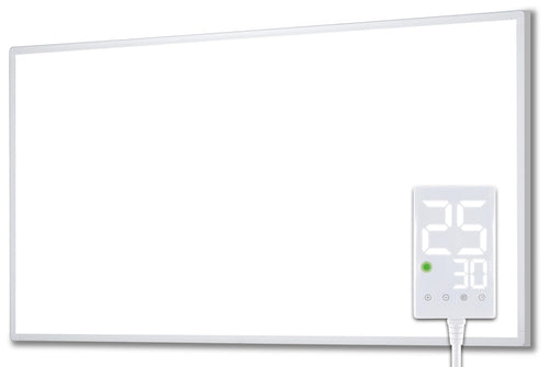 Heidenfeld HF-HP100-3 elektrische Infrarotheizung 800 Watt: Rechteckiges, weißes Panel. Erzeugt Infrarot-Strahlungswärme zur Raumbeheizung.