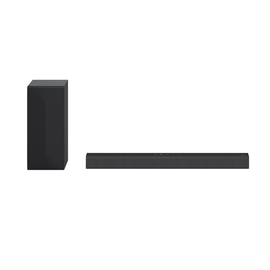 LG S60Q Intelligente Soundbar 2.1 – Virtual Surround Sound. Schwarze, längliche Soundbar, optimiert TV-Audio für immersiven Klang.