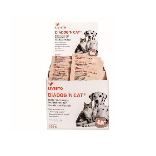 Livisto DiaDog`N Cat Darm Kautabletten für Hunde & Katzen - 60 Stk. Runde, beige Tabletten zur Unterstützung der Darmfunktion bei Durchfall.