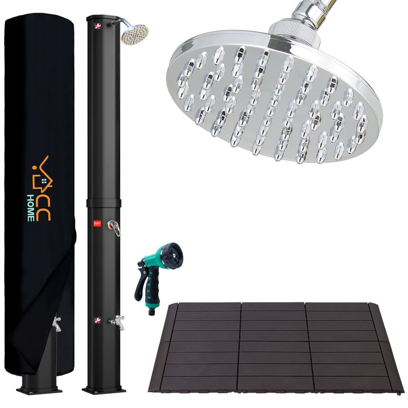 CCLIFE Solardusche Gartendusche 40L – mit Handbrause, schwarze Standsäule. Erwärmt Wasser solar zum Duschen im Garten.