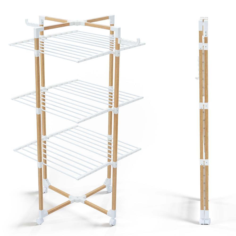 VOUNOT Wäscheständer Turm, klappbar, 3 Ebenen, mit Rollen, Weiss, Stahlgestell in Holzoptik