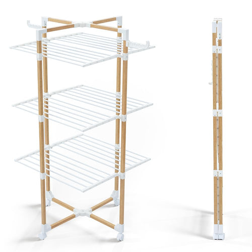 VOUNOT Wäscheständer Turm, klappbar, 3 Ebenen, mit Rollen, Weiss, Stahlgestell in Holzoptik