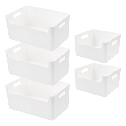 LYLIDIA Aufbewahrungsboxen Set 5 Stück Kunststoff Weiss mit Griffen, abgesenkte Vorderseite, stapelbar