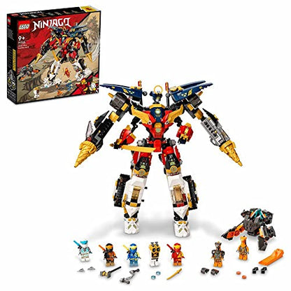 LEGO Ninjago Ultrakombi-Ninja-Mech 71765. Vier blaue, rote, schwarze und graue LEGO-Roboter, die zu einem großen Mech kombiniert werden können. Zum Nachspielen von Kämpfen.
