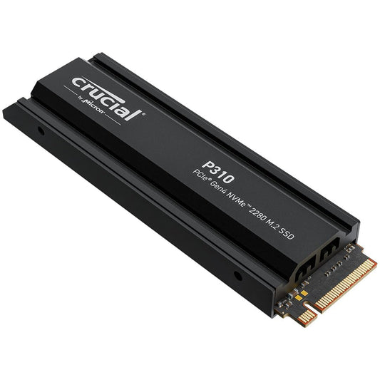 Crucial P310 2TB PCIe Gen4 NVMe M.2 SSD mit Kühlkörper PS5. Rechteckig, mit silbernem Kühlkörper. Schneller Datenspeicher für PlayStation 5.