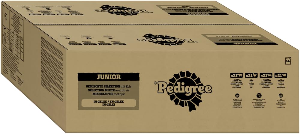 Pedigree Dogcare Hundefutter Junior Chunks in Gelee 84 x 100 g, Portionsbeutel mit Nassfutter