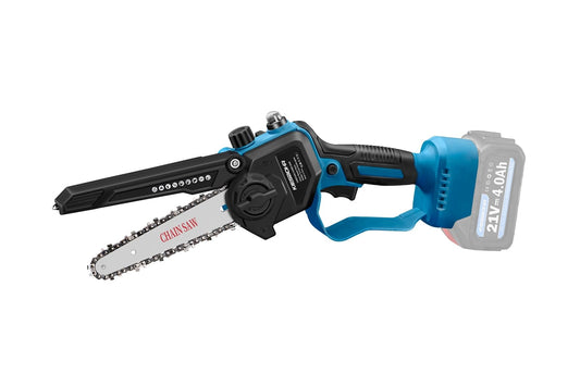 KIESBOHR Bürstenlose Kettensäge 6 Zoll Ölstandsanzeige für Makita 18V. Dunkles Gehäuse, Sägeschiene und Kette zum Sägen von Holz.