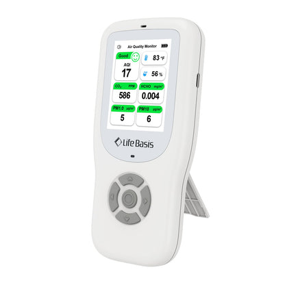 LifeBasis 10 in 1 Luftqualitätsdetektor Formaldehyd CO2. Kompaktes, schwarzes Messgerät mit Display zur Überwachung von Formaldehyd und CO2.