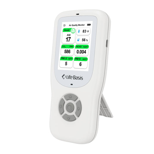 LifeBasis 10 in 1 Luftqualitätsdetektor Formaldehyd CO2. Kompaktes, schwarzes Messgerät mit Display zur Überwachung von Formaldehyd und CO2.