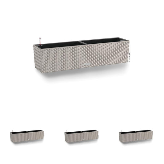 Lechuza BALCONERA Cottage 80 Balkonkasten – sandbraun 4er-Pack. In Rattan-Optik mit Selbstbewässerung für Balkone.