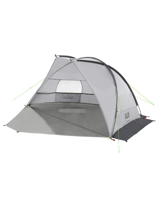 Jack Wolfskin Beach Shelter III Strandmuschel. Halboffene, zeltähnliche Form. Bietet windfesten UV50+ Sonnenschutz am Strand.