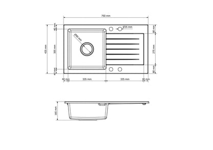 Faizee Möbel Granitspüle 75x44 cm Grau – Küchen-Einbauspüle