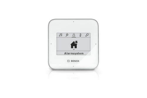 Bosch Smart Home Fernbedienung Twist – Alarmfunktion. Weiße, runde Fernbedienung, die Smart Home Alarme steuert.