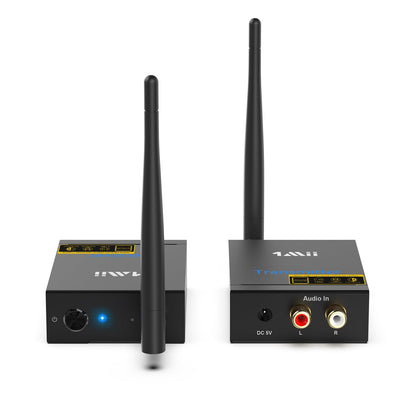 1Mii Drahtlos HiFi Audio Sender Empfänger Kit – 2.4G Low Latency. Zwei kompakte, schwarze Einheiten. Überträgt HiFi-Audio drahtlos und verzögerungsfrei via 2.4G.