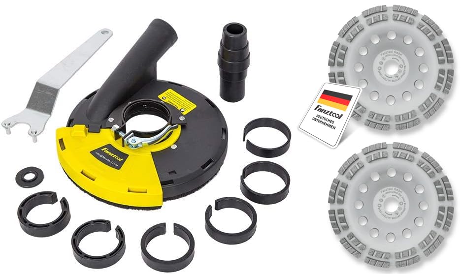 FANZTOOL Diamantschleiftopf 180mm (2er-Set) + Absaughaube Winkelschleifer. Schleiftöpfe und Absaughaube für staubarmes Beton- und Mauerwerksschleifen.