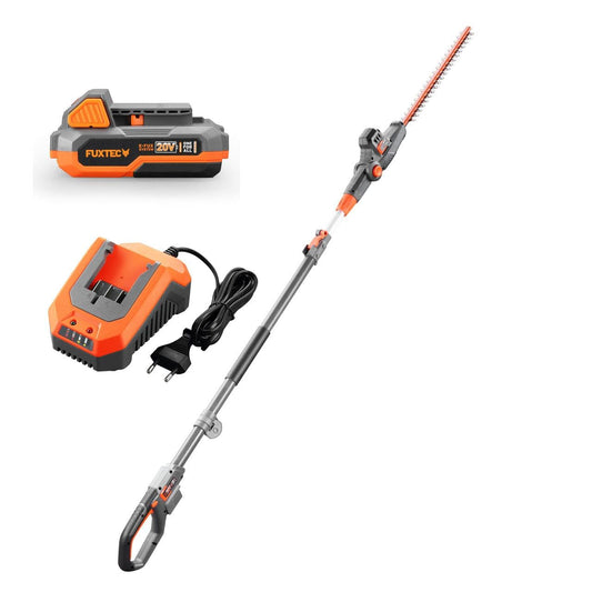 Fuxtec Akku Hochheckenschere Teleskop 20V FX-E1HH20-SET. Grün-schwarze Teleskop-Heckenschere. Schneidet hohe Hecken/Sträucher.