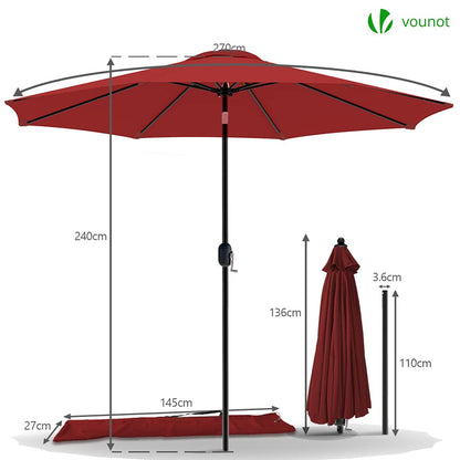 VOUNOT Sonnenschirm 270 cm, knickbar mit Kurbel, UV-Schutz, Rot