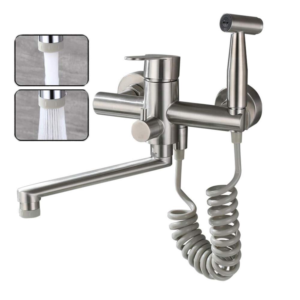 Culinaro Wandarmatur Küchenarmatur 360° Auslauf - Gebürstetes Nickel. Reguliert Wasserfluss am Spülbecken.