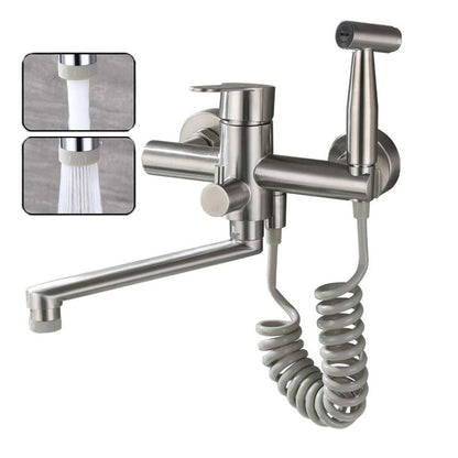 Culinaro Wandarmatur Küchenarmatur 360° Auslauf - Gebürstetes Nickel. Reguliert Wasserfluss am Spülbecken.