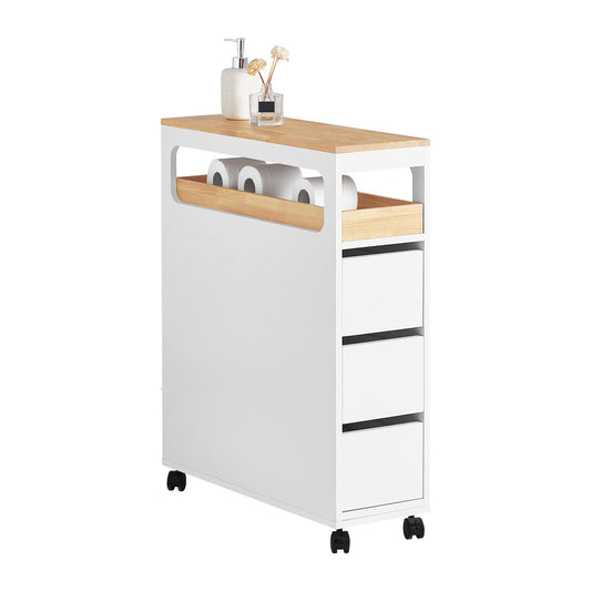SoBuy BZR54-W Nischenregal Rollwagen für Küche & Bad – Weiss. Weißer, schmaler Rollwagen mit Ablagen für enge Nischen in Küche/Bad.