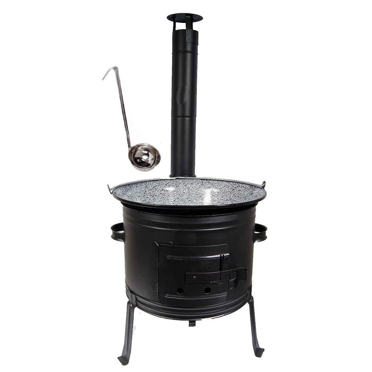 Gulaschkessel Set 30L – Ungarischer Ofen 39: Schwarzer 30L Kessel auf zylindrischem Ofen. Für Outdoor-Kochen von Gulasch und Eintöpfen über Feuer.