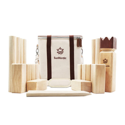 SunNordic Kubb Wurfspiel Set aus Gummibaumholz mit Tragetasche, Holzspiel mit König und Wurfstäben