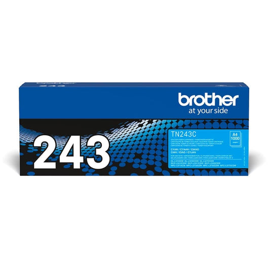 Brother TN-243C Tonerkassette für Farbdrucker - Cyan. Rechteckige, cyanfarbene Kassette mit Tonerpulver für Laserdruck.