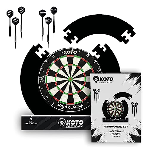 KOTO Tournament Dartscheibe Set – Schwarz mit Surround & Darts. Sisal-Scheibe mit Zahlenring; für Steeldart-Wettkämpfe.