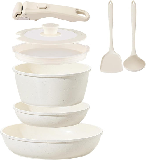 Coicur Keramik Pfannenset mit abnehmbarem Griff, 8-teilig, cremeweiss – Glasdeckel und Silikon-Utensilien