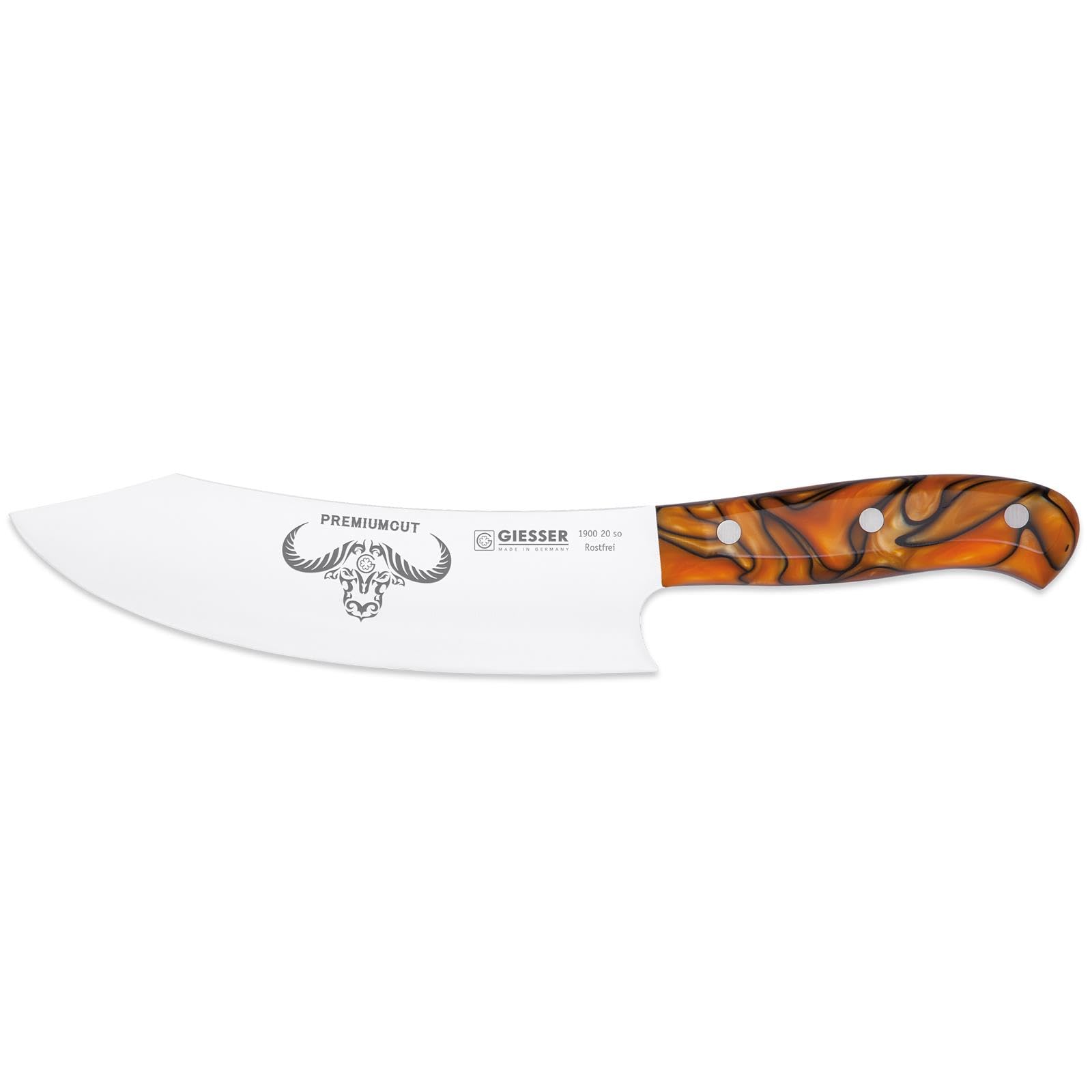 Giesser PremiumCut Chefs No 1 Kochmesser 20 cm Spicy Orange, ein Kochmesser mit Spicy Orange Griff, dient zum präzisen Schneiden von Lebensmitteln.