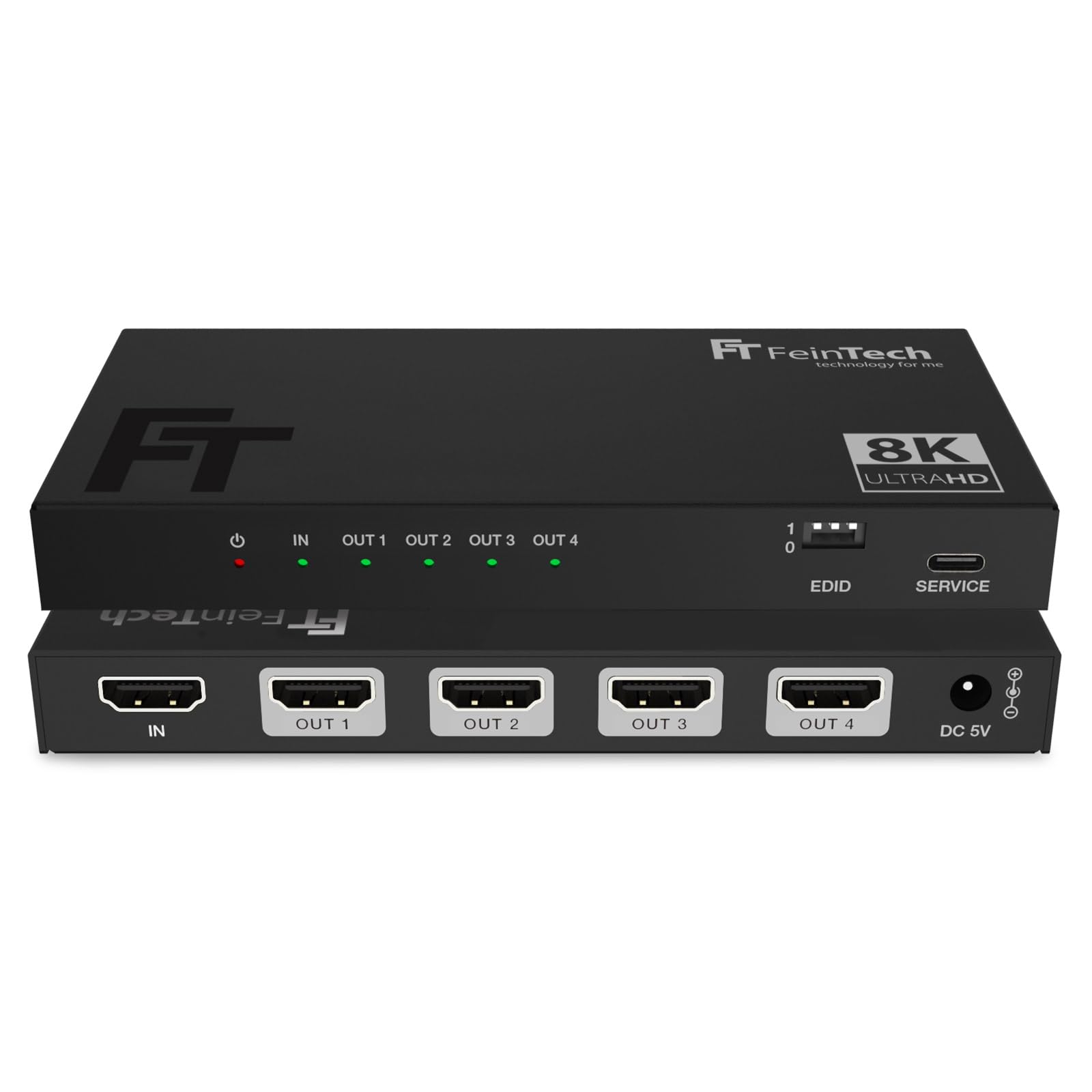 FeinTech SP410 HDMI 2.1 Splitter - 1 In 4 Out, 4K 120Hz 8K. Schwarzes, rechteckiges Gerät. Verteilt ein HDMI 2.1 Signal an vier 4K/8K Displays.