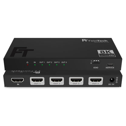 FeinTech SP410 HDMI 2.1 Splitter - 1 In 4 Out, 4K 120Hz 8K. Schwarzes, rechteckiges Gerät. Verteilt ein HDMI 2.1 Signal an vier 4K/8K Displays.