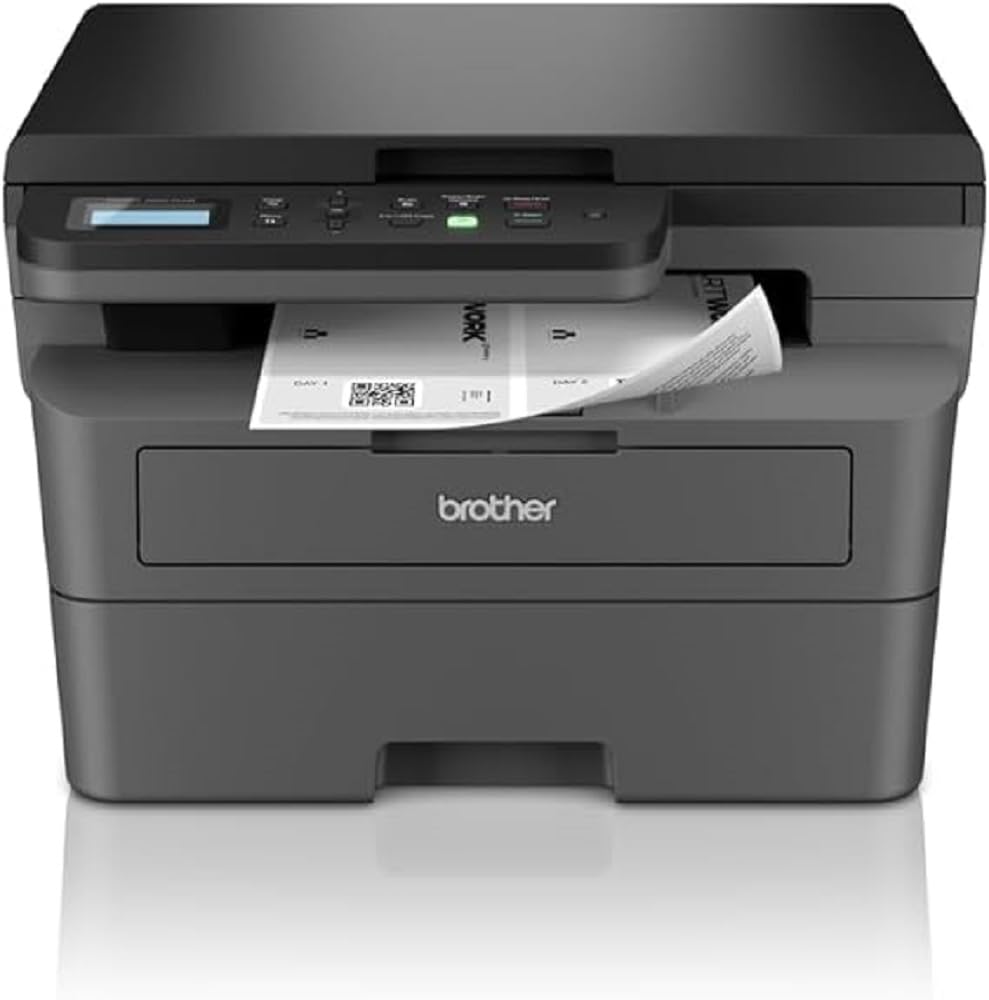 Brother DCP-L2627DW 3-in-1 Monochrom Laser Multifunktionsdrucker, ein mattschwarzer Block zum Verwalten von Office-Dokumenten.