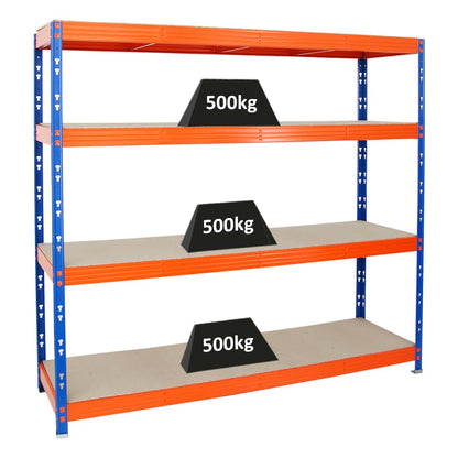 PROREGAL Rhino Schwerlastregal: Blau-oranges Metallregal zur stabilen Lagerung schwerer Güter in Werkstatt oder Lager.