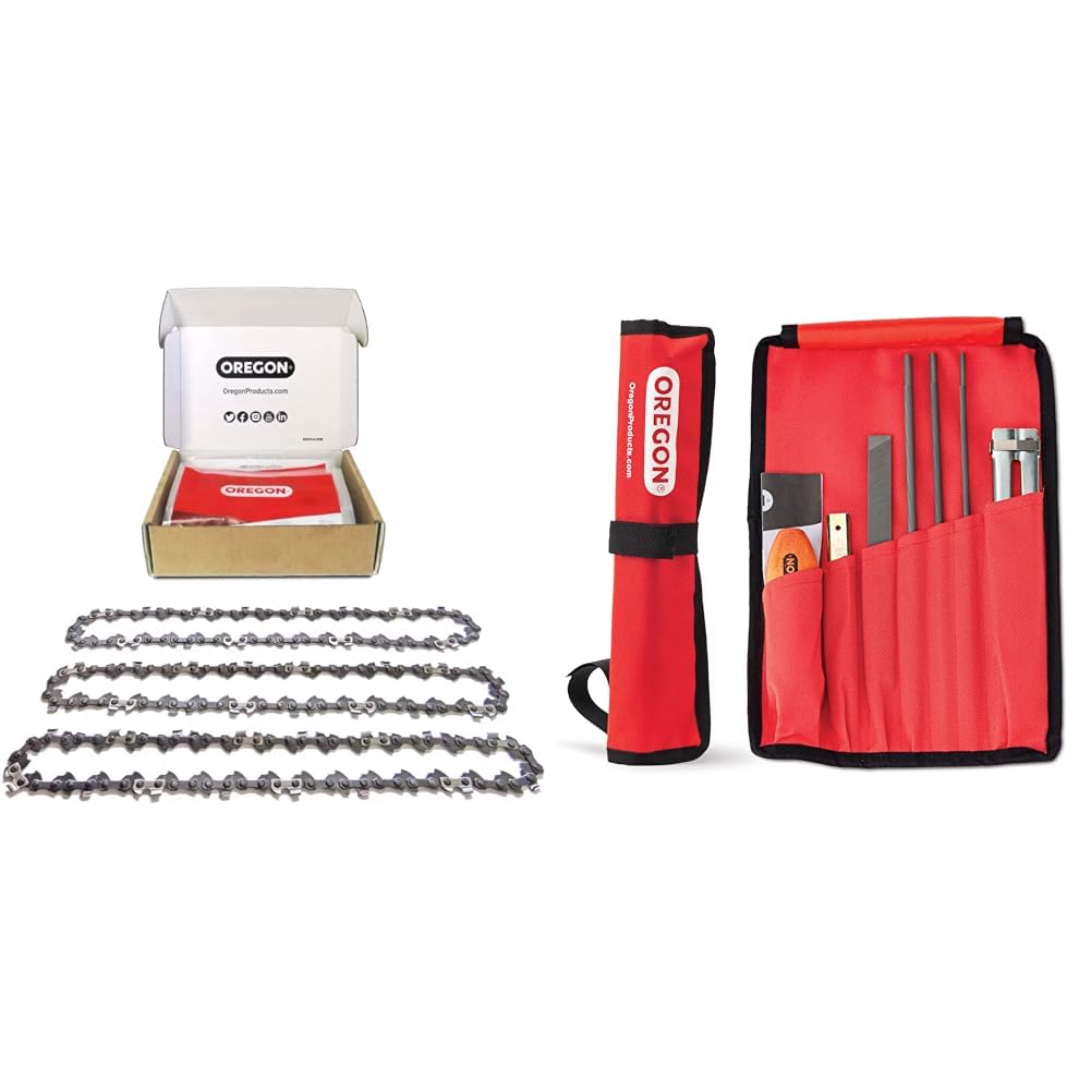 Oregon Sägeketten 3er-Pack 3/8" LP 35cm & Wartungssatz (617067). Drei Sägeketten aus Metall zum Holzschneiden; inkl. Werkzeug für die Kettenwartung.