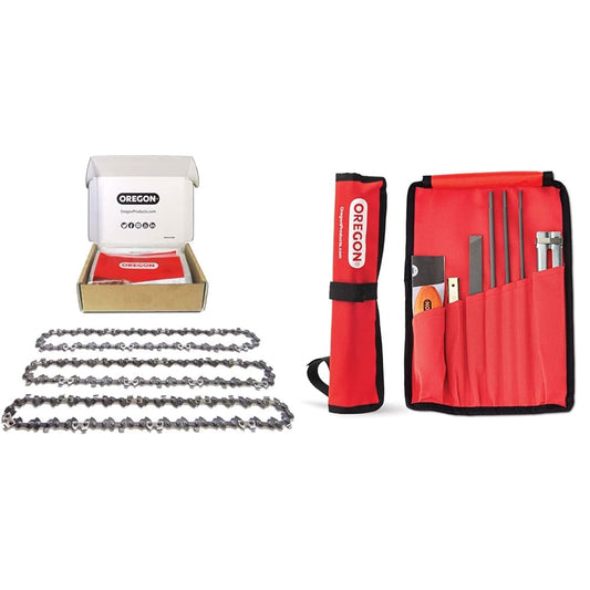 Oregon Sägeketten 3er-Pack 3/8" LP 35cm & Wartungssatz (617067). Drei Sägeketten aus Metall zum Holzschneiden; inkl. Werkzeug für die Kettenwartung.