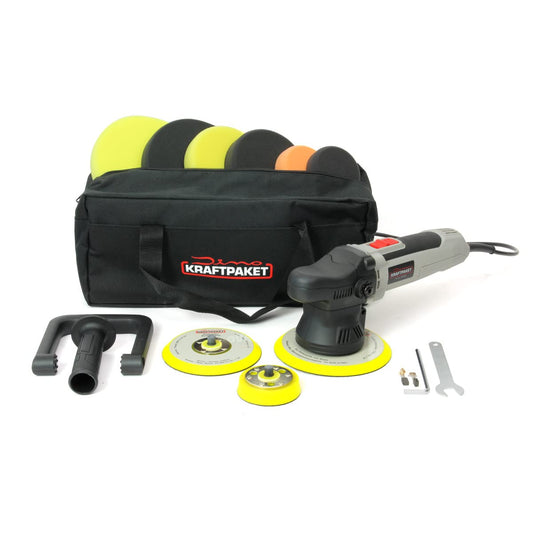 Dino KRAFTPAKET 9mm-650W Exzenter Poliermaschine Set 75-150mm. Handgehaltenes Elektrowerkzeug zum Polieren von Lackoberflächen.