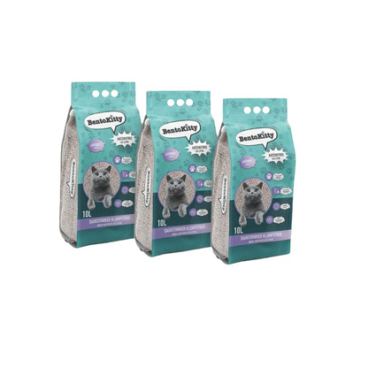 BentoKitty Katzenstreu Lavendel, klumpend, Bentonit, 30 L, 3er Pack, weisses feinkörniges Granulat