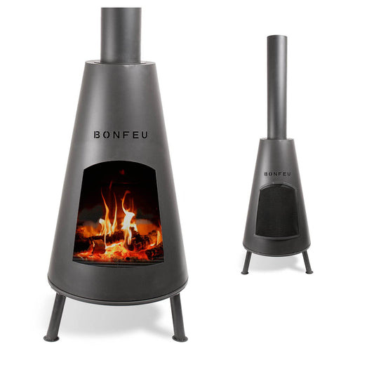 BonFeu BonPyra Terrassenofen Schwarz, ein konischer Gartenkamin mit integriertem Funkenschutz, bietet offenes Feuer im Außenbereich.