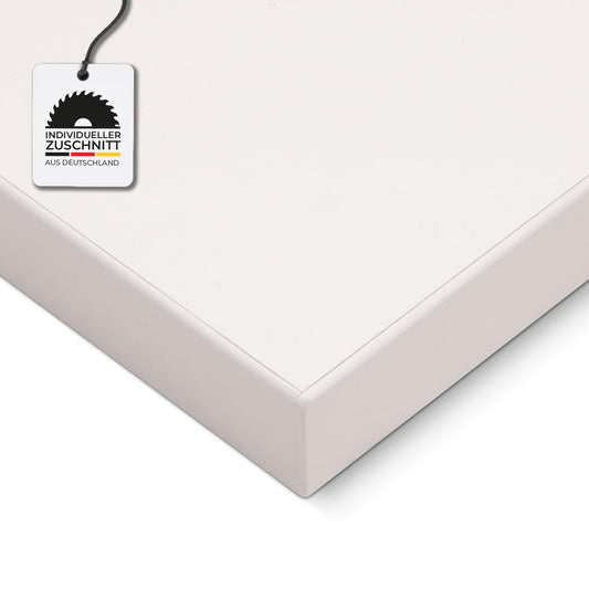 HausFux Spanplatte melaminbeschichtet – 2.5cm, Icy White, ABS-Kante. Eine weiße Platte für Möbel- und Innenausbau.