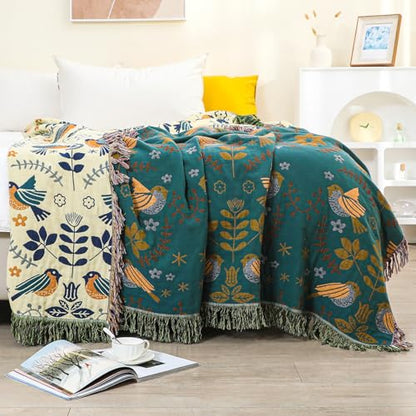 HOORDRY Baumwoll-Tagesdecke Boho Wendbar 230x250cm – Blau/Beige