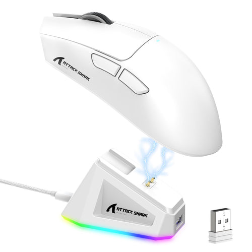LexonElec Attack Shark X11 Kabellose Gaming-Maus, 59 g, Weiss mit magnetischer RGB-Ladestation