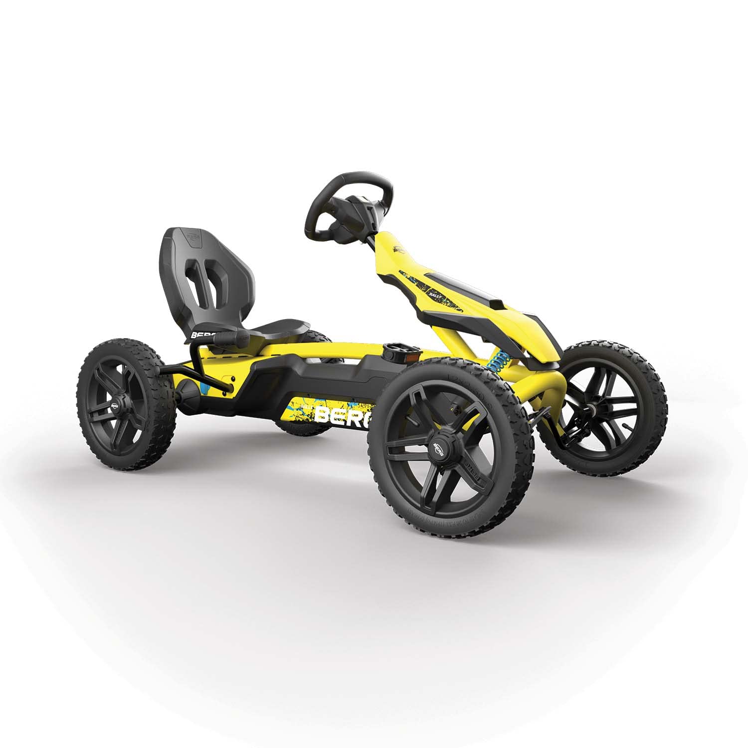 BERG Rally DRT Gokart Gelb mit 3 Gängen - Tretfahrzeug. Ein gelbes Gokart, konstruiert als 3-Gang-Tretfahrzeug.
