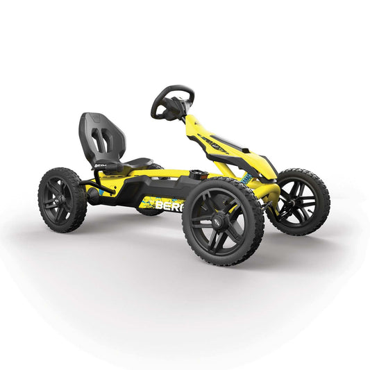 BERG Rally DRT Gokart Gelb mit 3 Gängen - Tretfahrzeug. Ein gelbes Gokart, konstruiert als 3-Gang-Tretfahrzeug.