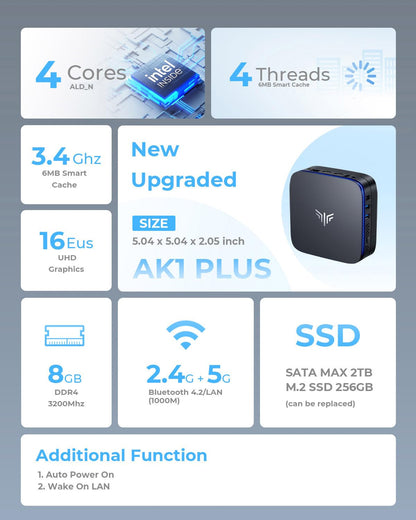 NiPoGi AK1 Plus Mini PC – Intel Alder Lake N95, 8GB RAM, 256GB SSD