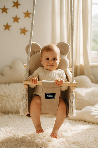 NATILU Bär Light Beige Velvet Babyschaukel - Indoor Outdoor