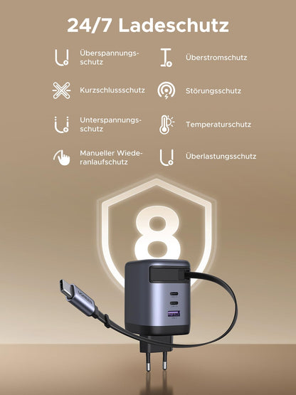 UGREEN Nexode 100W USB C GaN Ladegerät 4-Port – Einziehbares Kabel